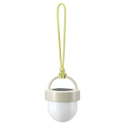 Den soldrivna lampan SOLVINDEN är vit, sfärisk, med ett beige handtag och ett limegrönt rep. Det är modernt och miljövänligt.