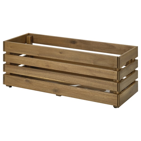 Brun STJÄRNANIS växtlåda i trä, rektangulär form, robust akaciadesign.