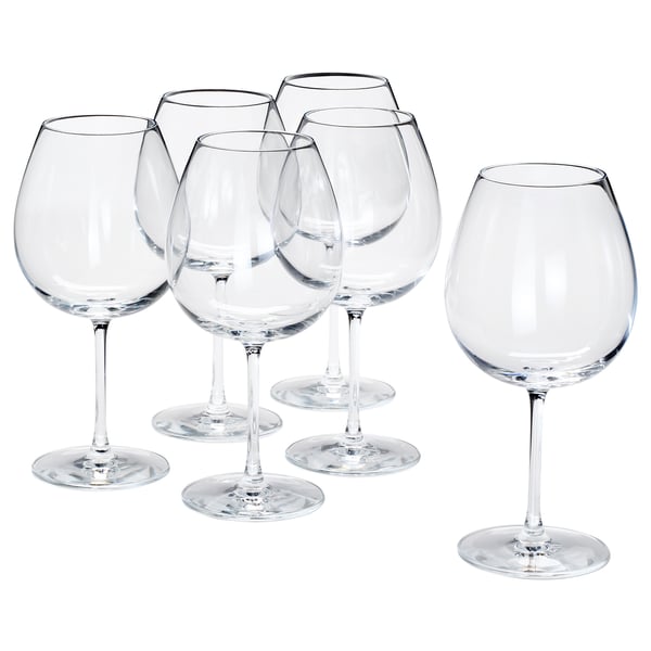 Sex klara, kristallina STORSINT-glas i en grupp, formad för vin, csae.