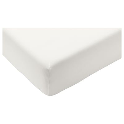 Ett vitt ikea STRANDLOKA dra-på-lakan, med en rektangulär form med elastiska kanter för säker passform.