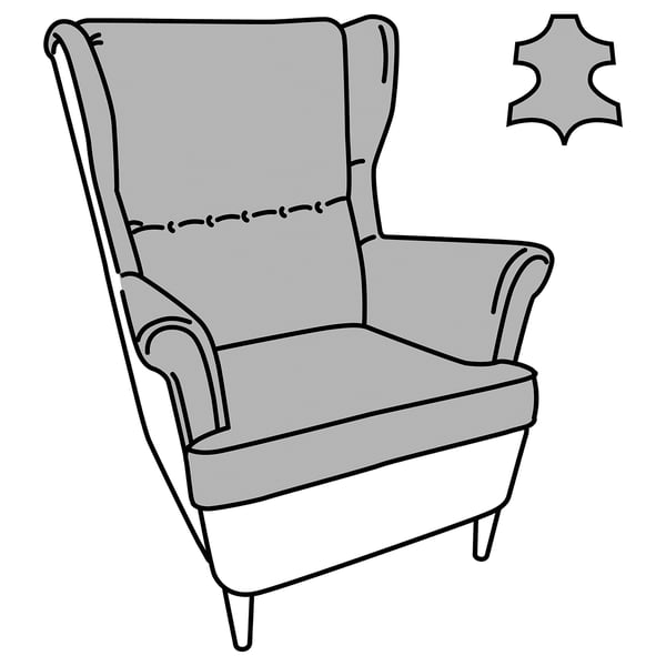 Ritning av STRANDMON öronlappsfåtölj i grått med hög rygg och armstöd, liten mörkgrå stjärna till höger.