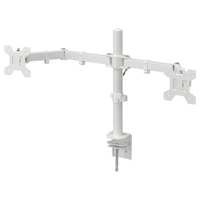 Vitt skrivbordsfäste med dubbla skärmar, stubberet, justerar skärmar för komfort och ergonomi, klämmer fast skrivbord, organiserar kablar.