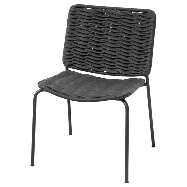 Tegelon stol: svart, sits med vågigt rep, metallben, utomhus/inomhusbruk, stapelbar, svankstöd.