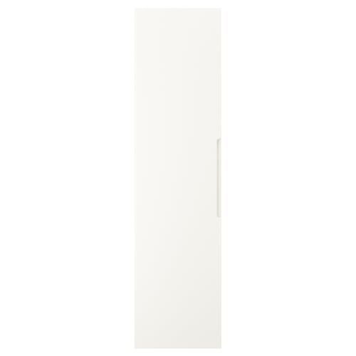 En vit TONSTAD-dörr med en elegant och tidlös design med integrerade handtag och släta kanter, tillverkad av akrylfärg och träfiberskiva.