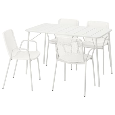 Helvita TORPARÖ utemöbler med rektangulärt bord och fyra stolar. Modern design, pulverlackerat stål och plast för hållbarhet.