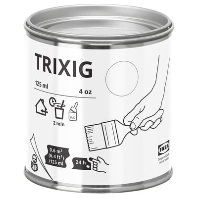 En vit cylindrisk burk med ikea TRIXIG-färg, som visar svart text och grafik, designad för målning av möbler inomhus.