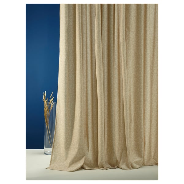 TRYSTÄVMAL Gardiner, 1 par, beige/vit/blommönster med veckband, 145x250 cm