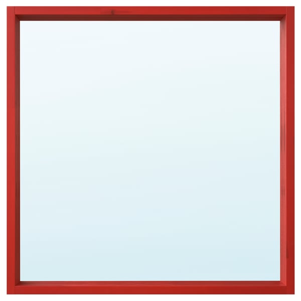 Fyrkantig spegel med röd ram med synlig ådring, massiv furu, säkerhetsfilm.