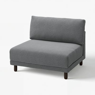 Modern grå L-formad soffa med träben, mjuka kuddar och rena linjer.