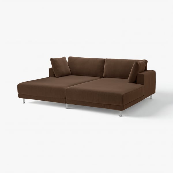 Brun UPPÅKRA-soffa, modern design, klädd i återvunnen polyester, stora kuddar, kromade ben.