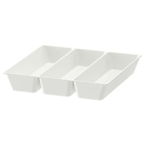 En vit besticklåda i plast som heter UPPDATERA med tre fack. Den är rektangulär, designad för att organisera köksredskap och har rundade hörn.