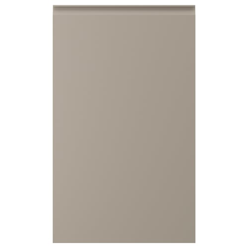 Beige köksskåp med metallhandtag, rektangulär form.