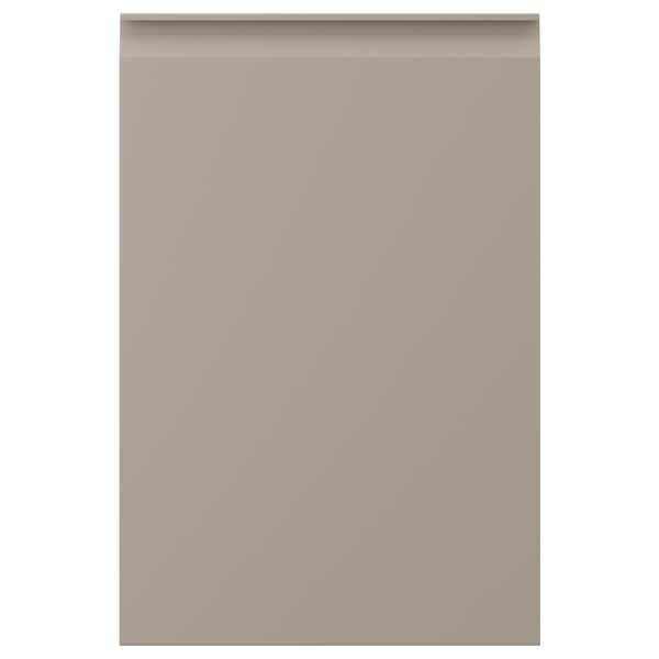 UPPLÖV beige köksskåp med snyggt, integrerat handtag och fasade kanter.