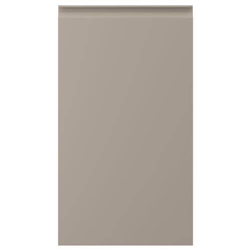 Visar en beige köksskåpsdörr med modern design, med en slät yta och integrerade handtag.