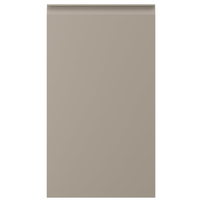Visar en beige köksskåpsdörr med modern design, med en slät yta och integrerade handtag.