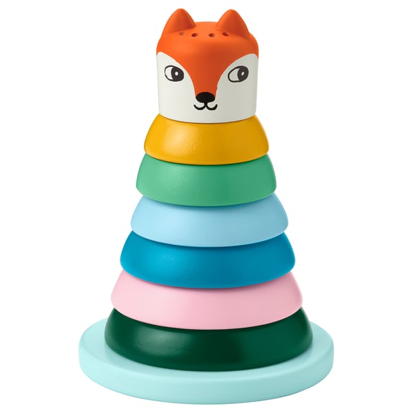 UPPSTÅ leksak: staplade färgglada ringar i rävdesign, trä och plast.