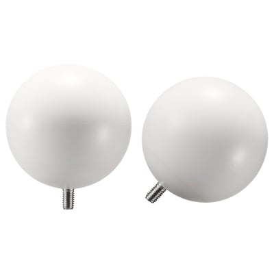 Två klotformade vita finialer, gjorda av återvunnen plast, med en modern matt design och metallskruvar vid basen.