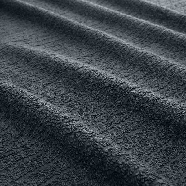 Närbild av tjock, strukturerad handduk med mjuka frotté- och randiga mönster. Bomull av hög kvalitet, designad för komfort och absorption.