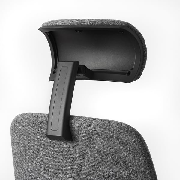 Justerbart nackstöd för kontorsstol, som visar svart plast och grått tyg, designat för nackstöd.