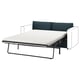 En blågrön VIMLE bäddsoffa med en vit madrass, som stöds av svarta metallben, erbjuder en elegant och modern design.