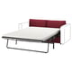 Röd konvertibel bäddsoffa med vit madrass, metallram, modern design.