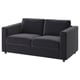 VIMLE svart soffa. Modern, kompakt design med mjukt sammetsöverdrag, två kuddar, robust träram.