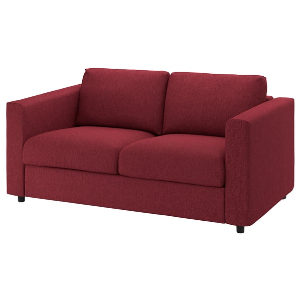 Röd VIMLE soffa, modern minimalistisk design med kuddar, kompakt storlek.