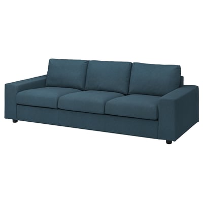 Blå VIMLE soffa med tjocka kuddar, rektangulär form, modern design.