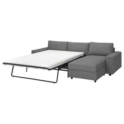 Grå VIMLE bäddsoffa med vit madrass, modern design, metallram, konvertibel.