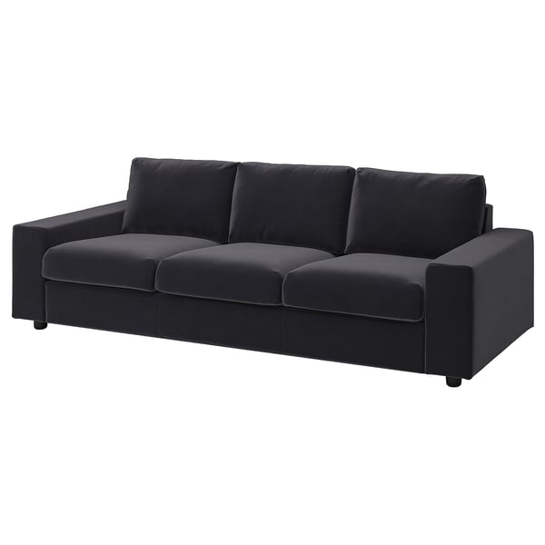 VIMLE soffa: modern svart 3-sits med djupa kuddar, robust ram, elegant design.