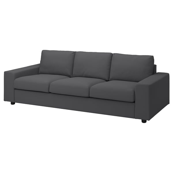 VIMLE soffa, mörkgrå, modern design, tre kuddar, eleganta armar, klädsel i bomull-polyester.