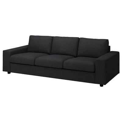 Svart VIMLE soffa, modern design, 3-sits med mörkt mönstrat tyg.
