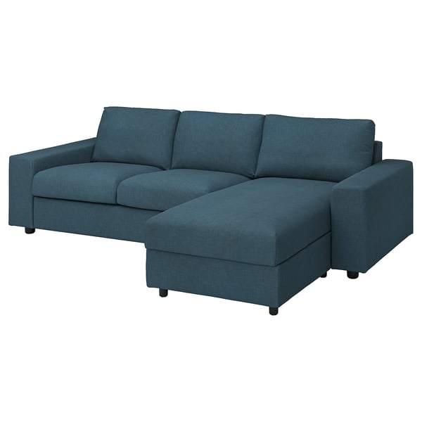 Blå VIMLE sektionssoffa med schäslong, modern design, bekväm klädsel i linne och bomull.