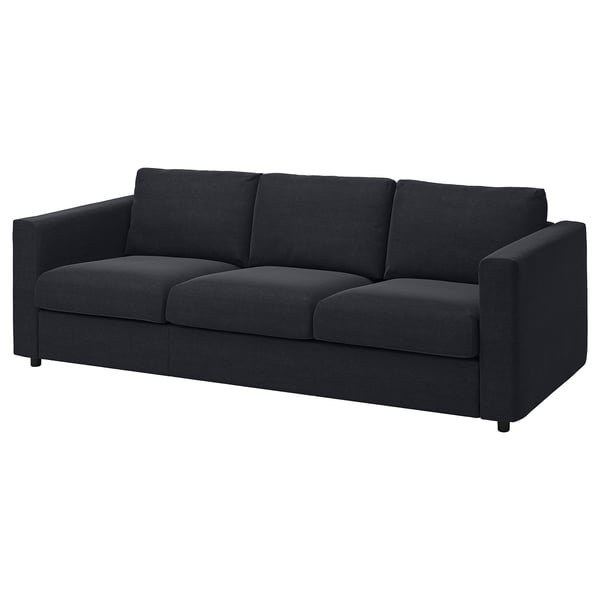 Modern svart tygsoffa, VIMLE, slimmad design, mörkgrå, tre kuddar.