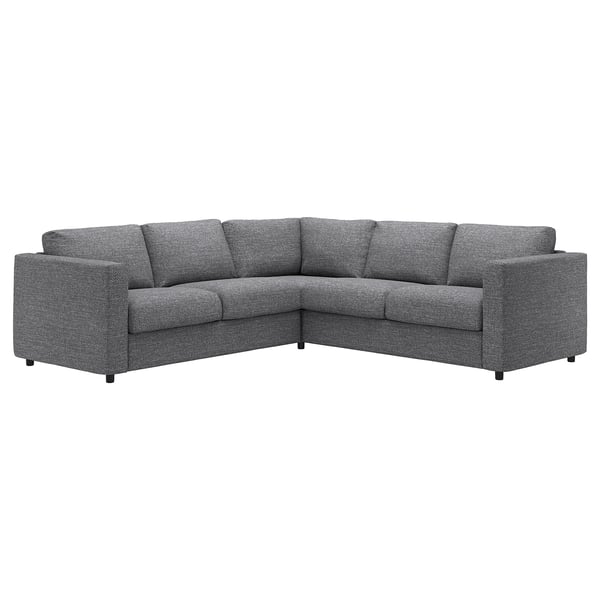 En grå VIMLE sektionssoffa med en modern, l-formad design i ett mjukt, strukturerat tyg.