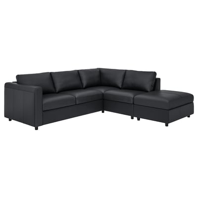 VIMLE svart läder l-form soffa: modern, elegant design med schäslong och kuddar