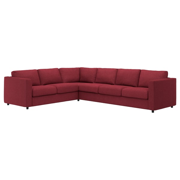 VIMLE röd l-formad soffa, robust tyg, hörndesign, bekväma kuddar.