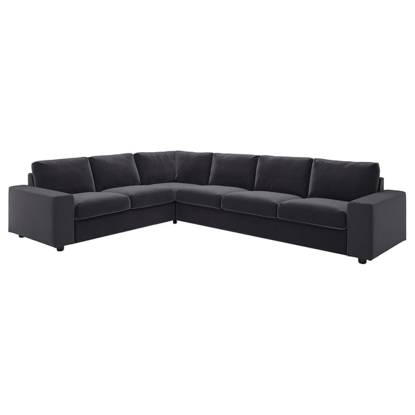 VIMLE grå l-formad sektionssoffa, modern design, sammetsöverdrag.