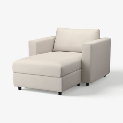VIMLE krämfärgad soffa, modern minimalistisk design, beige tyg, L-form med förvaring.