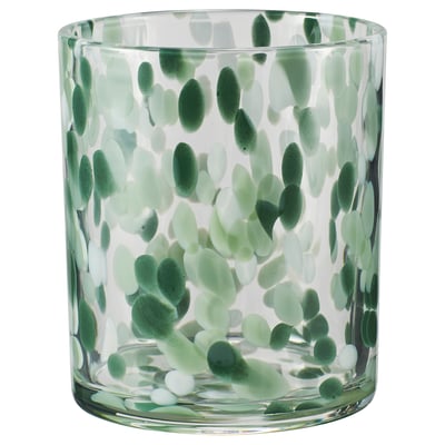VINDSTILLA ljusstake, grönt glas, cylindrisk, spräcklig design.