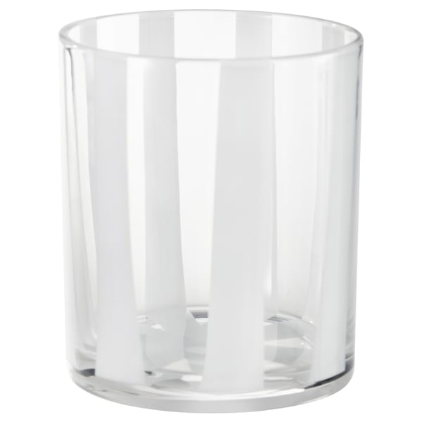 En VINDSTILLA klar glas, cylindrisk ljusstake med vertikala ränder och en texturerad bas.