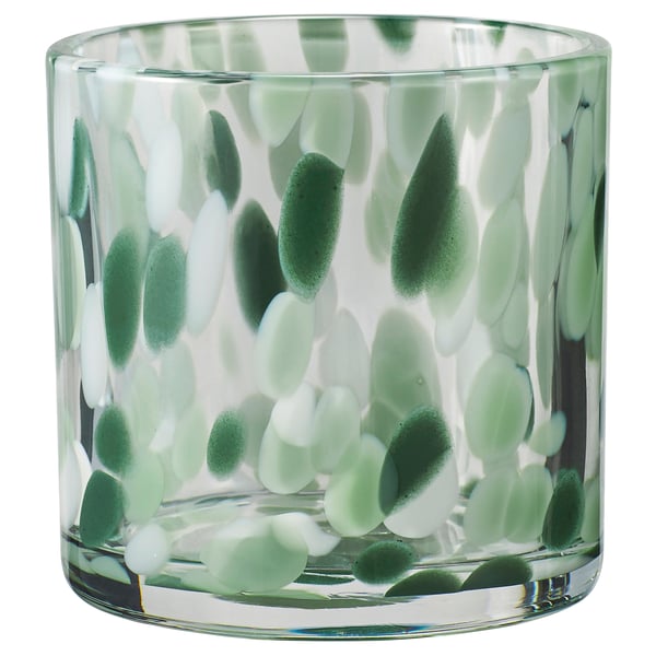 VINDSTILLA: handgjord ljusstake i glas med grön, frostad bubbeldesign. Rund form, transparent med dekorativt mönster.