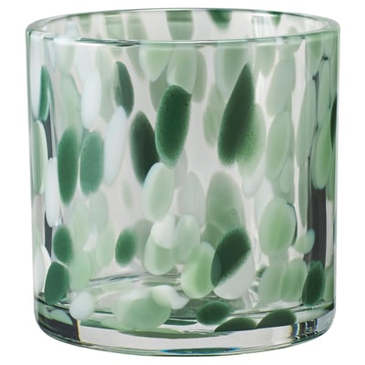 VINDSTILLA: handgjord ljusstake i glas med grön, frostad bubbeldesign. Rund form, transparent med dekorativt mönster.