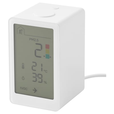 Vit VINDSTYRKA luftmätare visar pm2. 5, temp, luftfuktighet, voc.