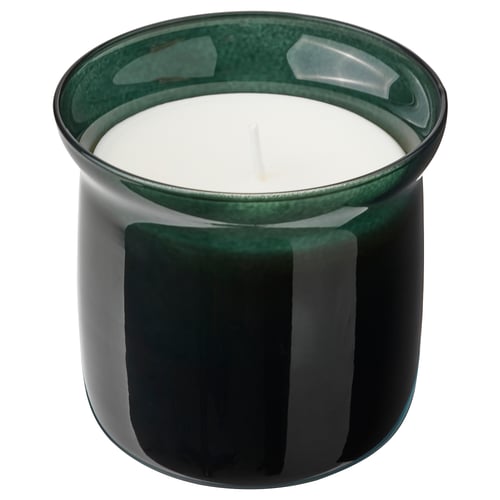 VINTERFINT mintljus i mörkgrönt glas, cylindrisk form.