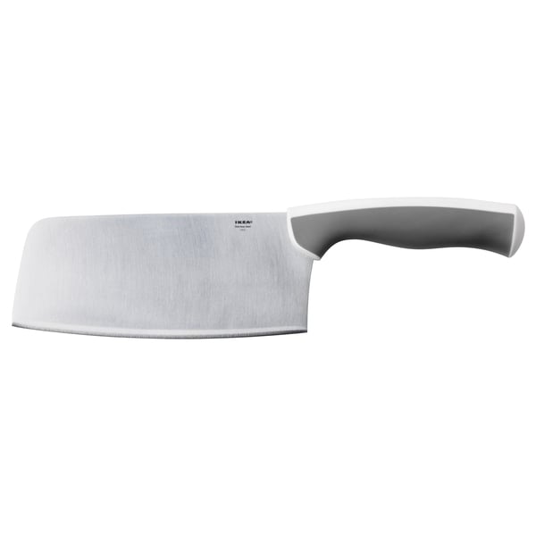 An ÄNDLIG knife with a grey handle and stainless steel blade. The design a large, curved blade for stability.