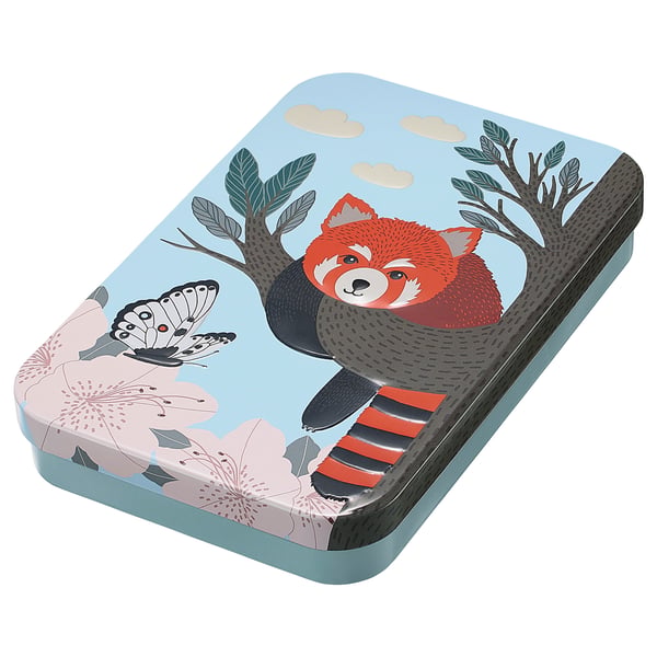Red panda tin box, colourful, rectangular, tree & butterfly design.