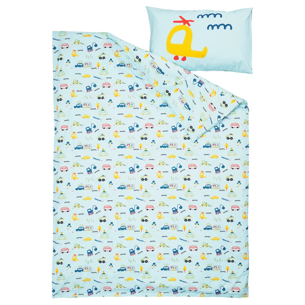 Childrens bedding set, light blue with cars, trucks, and plane, cotton.