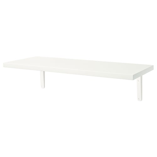 White BERGSHULT wall shelf, rectangular shape, bevelled edge, metal brackets.