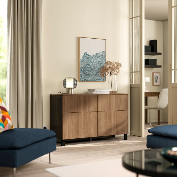 BESTÅ Storage combination w doors/drawers, black-brown Lappviken/Stubbarp/brown walnut effect, 120x42x75 cm